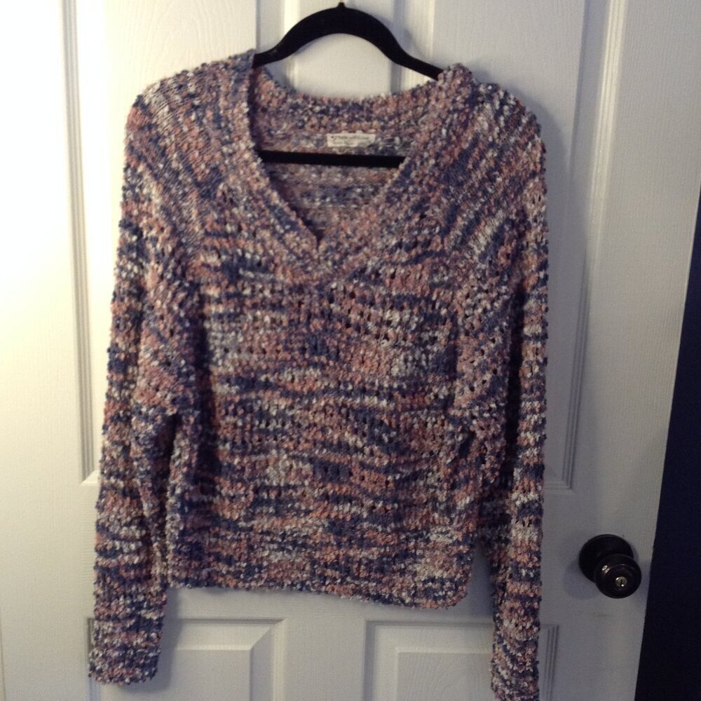 Made with Love drop Shoulders V-Neck Crop Popcorn Chenille Sweater L Whimsical